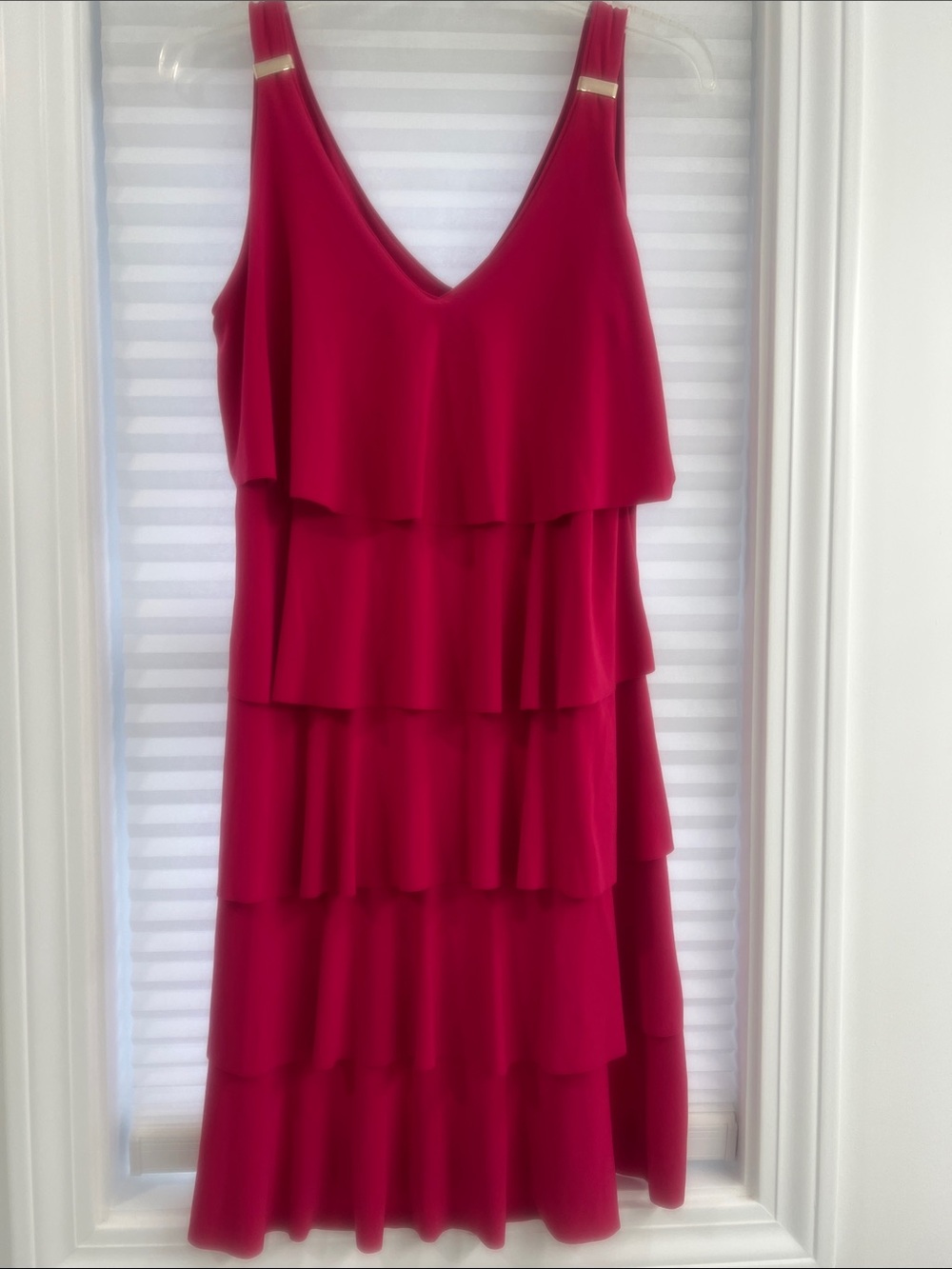 White House Black Market Fuchsia Tiered V-Neck Midi Dress